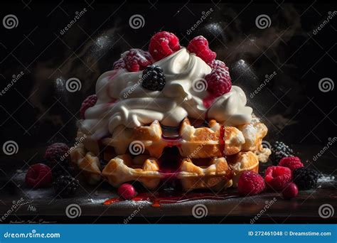 Close Up On Belgian Waffles With Whipped Cream And Berries AI