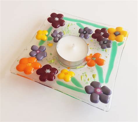 Fused Glass Tea Light Candle Holder Colorful Flowers Murano Etsy