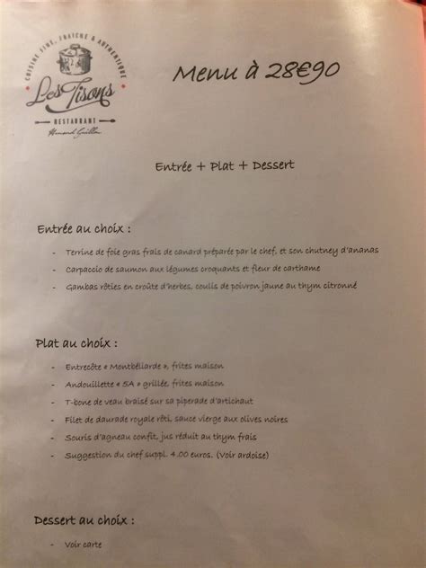 Menu au Les Tisons restaurant La Chaussée Saint Victor