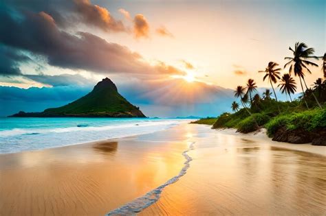 Premium Photo | A sunset over a beach with a mountain in the background.