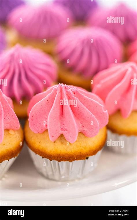 Mini Vanilla Cupcakes With Pink Buttercream Frosting Stock Photo Alamy