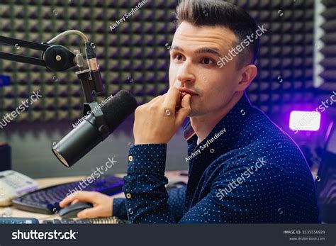 Serious Professional Radio Host Broadcasts Live Stock Photo 2135556929