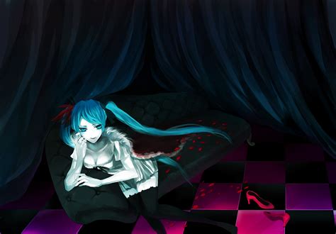 Blue Eyes Blue Hair Breasts Cleavage Hatsune Miku Long Hair Petals