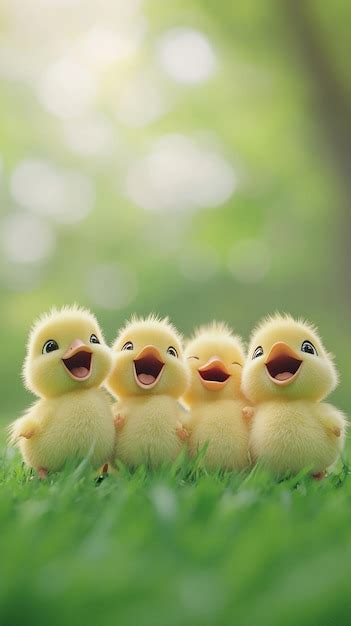 Tres patos bebés están sentados en la hierba con las palabras felices