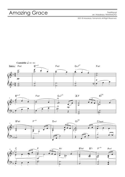 Amazing Grace Piano Solo Intermediate Arr Masakazu Yamamoto By