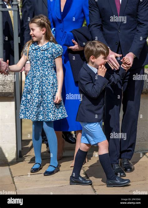 Windsor, England. UK. 09 April, 2023. Princess Charlotte of Wales and Prince Louis of Wales ...