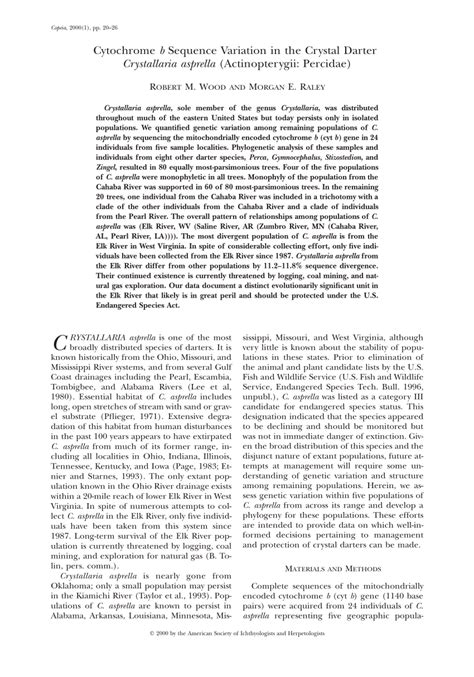 Pdf Cytochrome B Sequence Variation In The Crystal Darter