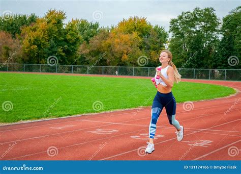 Athletic Woman Running On Athletics Race Track Stock Photo Image Of