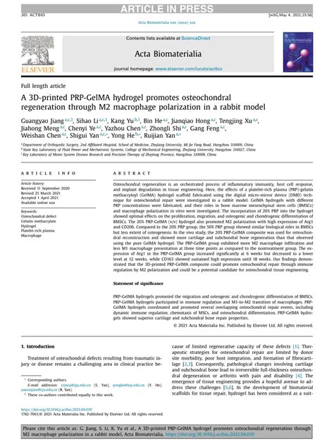 A D Printed Prp Gelma Hydrogel Promotes Osteochondral Regeneration