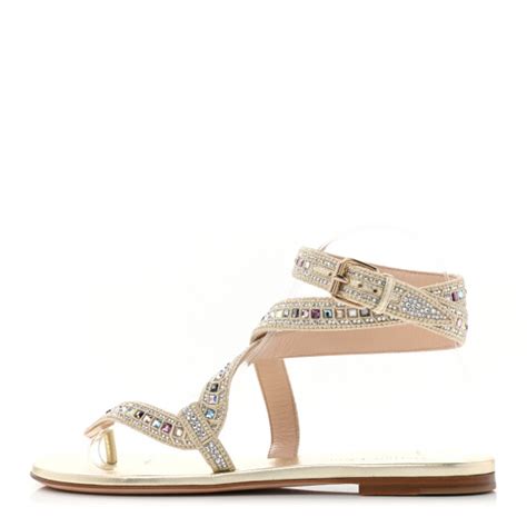 Christian Dior Metallic Cotton Embroidered Crystal Embellished Poison D Sandal 37 Pale Gold