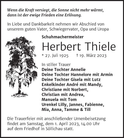 Traueranzeigen Von Herbert Thiele Abschied Nehmen De