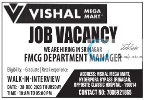 VISHAL MEGA MART SRINAGAR JOB VACANCY 2023 24 Jehlum The Info Avenue