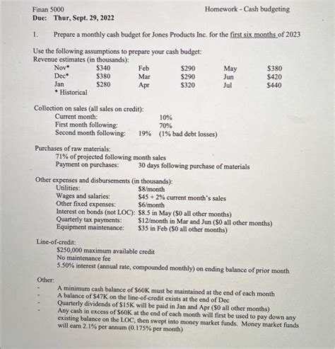 Finan Homework Cash Budgeting Due Thur Sept Chegg