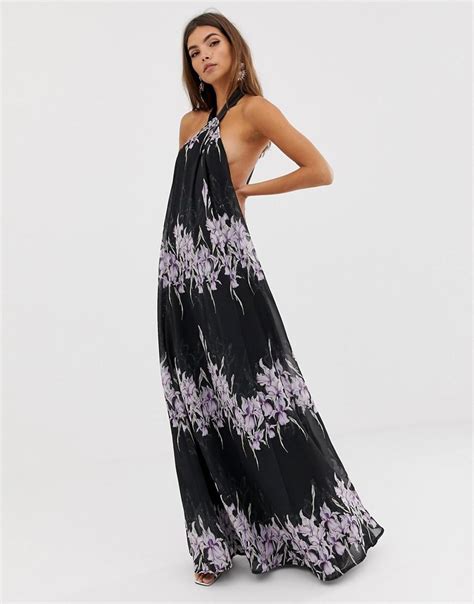 Lyst Asos Halter Neck Trapeze Maxi Dress In Placed Linear Floral In Black