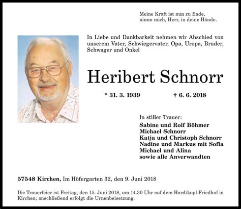 Traueranzeigen Von Heribert Schnorr Rz Trauer De