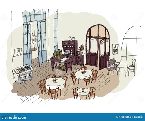 Restaurant Interior Hand Drawn Color Sketch Stock Vector Illustration