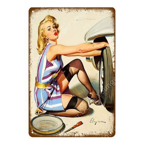 Vintage Sexy Lady Pin Up Girl Iron Painting Tin Signs Metal Plate Art