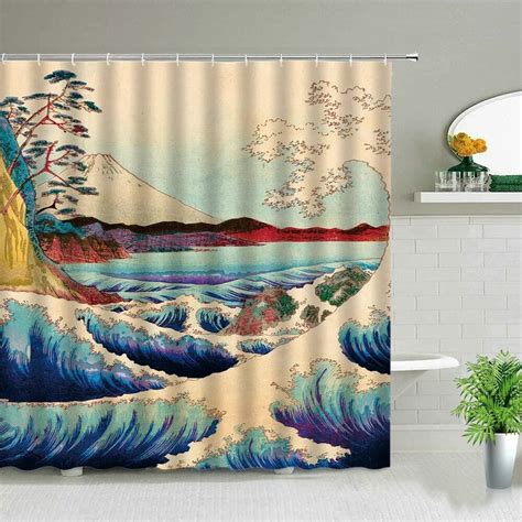 Sea Wave Pattern Cartoons Scenery Shower Curtain Set Modern Bathroom