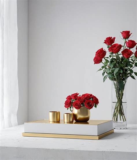 Premium Photo A Vase Of Red Roses And A Gold Vase Of Red Roses On A