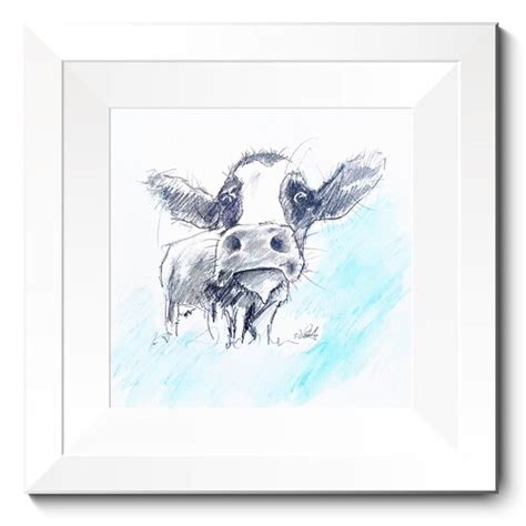 Cow calf original art print, contemporary wall art, pencil sketch of farm calf cow animal ...