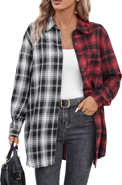 OYOANGLE Women S Color Block Plaid Print Long Sleeve Button Down