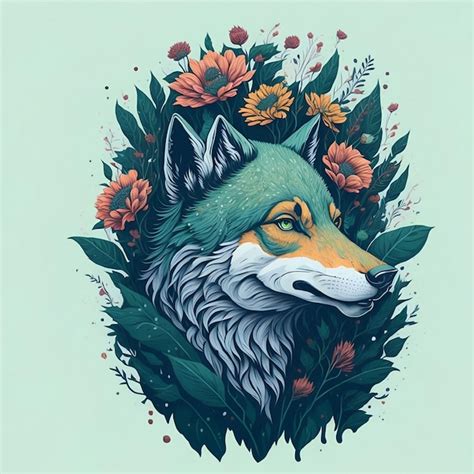 Um desenho de um lobo uma cabeça azul e flores alaranjadas