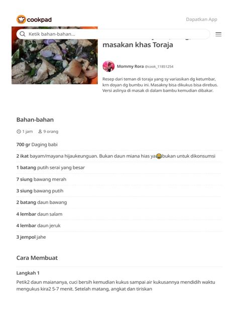 Resep Babi Masak Bayam Piong Masakan Khas Toraja Pdf