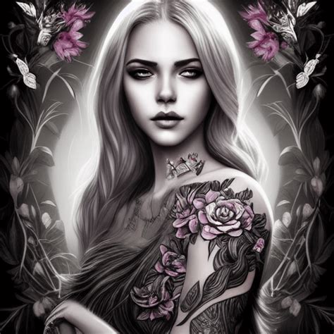 Hyper Detailed Majestic Girl With Tattoo Fantasy Black And White Flower Frame · Creative Fabrica