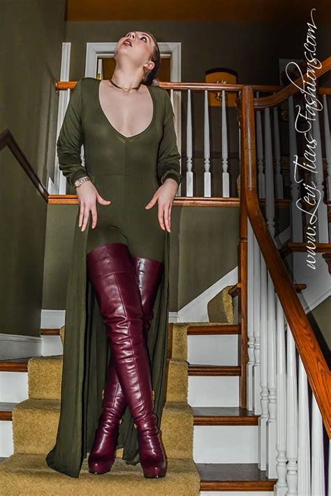 Burgundy Thigh Boots And Green Bodysuit Thigh High Boots Heels High