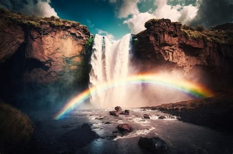 Cascada Con Agua Que Cae Desde Arriba Y Un Colorido Arco Iris En La