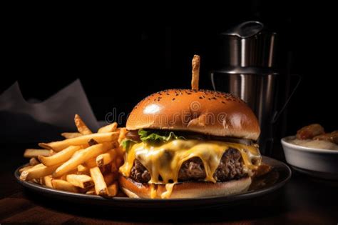 Classic Burger Topped With Melted Cheese And Served Alongside Golden French Fries Stock Image