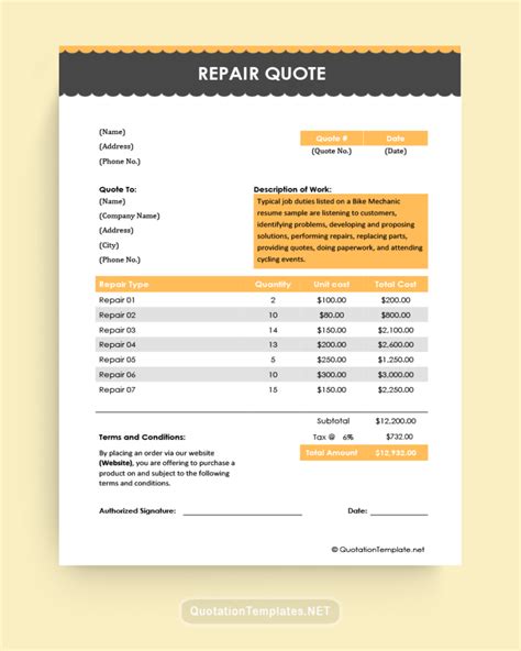 Free Customizable Repair Quote Templates