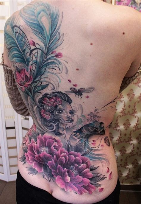 Colored Flowers And Girl Back Tattoo