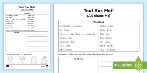 Tout Sur Moi All About Me French Activity Sheet Twinkl