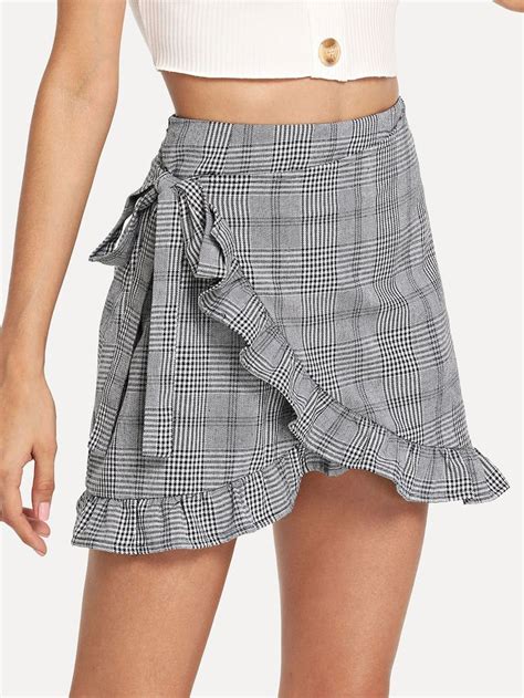 Frill Trim Knot Side Plaid Wrap Skirt Shein Sheinside Trendy Skirts