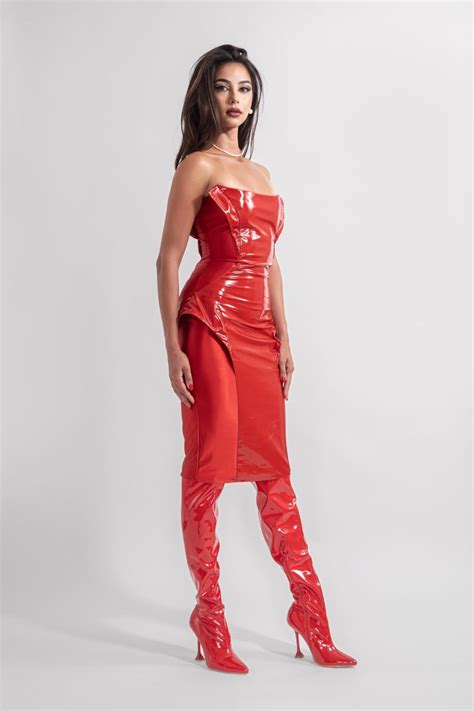 TACRAI Glossy Red Dress Vegan Wet Look Leather Hot Cocktail Outfit Women Clothing Midi