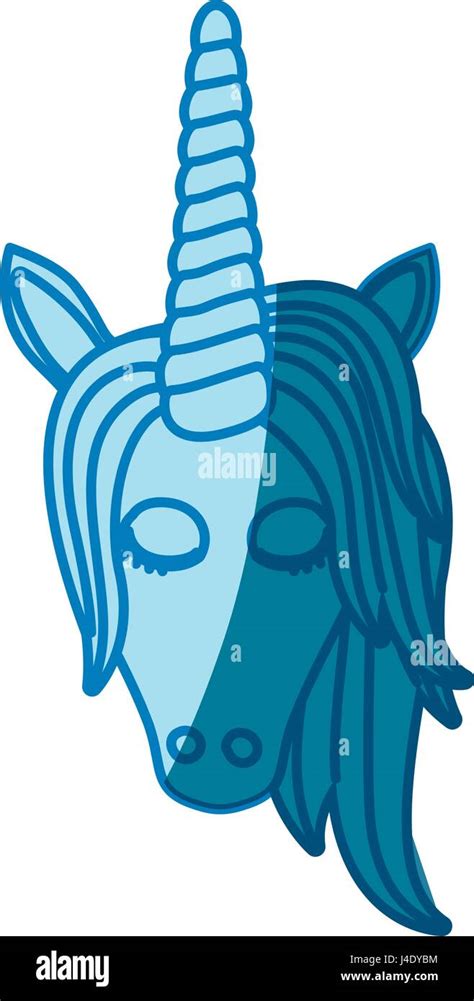 Blue Silhouette Of Front Face Of Female Unicorn With Closed Eyes And