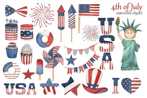 4th Of July Watercolor Clipart Independence Day PNG USA Patriotic Cl