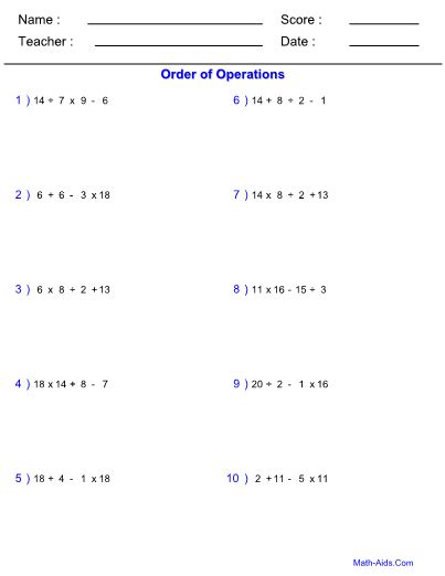 Easy Order Of Operations Worksheets Order Of Operation Worksheets