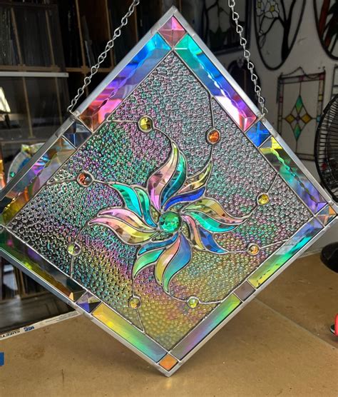 Dichroic Beveled Cluster Starburst Rainbow Stained Glass Window Hangings Suncatcher Panel With