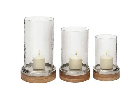 Clear 13 Inch Round Glass Metal Wood Hurricane Tealight Candle Holder