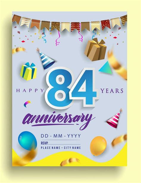 84th Years Anniversary Invitation Design With Gift Box And Balloons