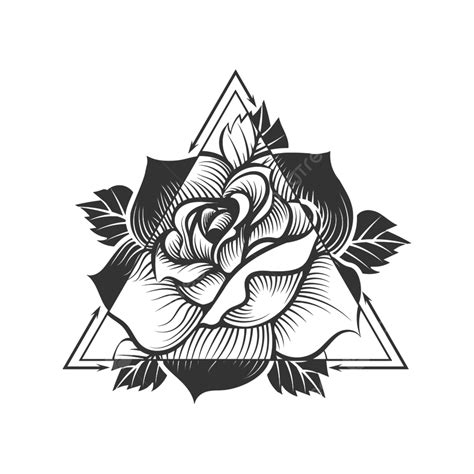 Black And White Mystic Tattoo Of Rose Flower Over Double Triangle