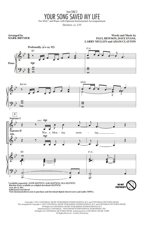 Your Song Saved My Life From Sing 2 Arr Mark Brymer Sheet Music U2 Ssa Choir