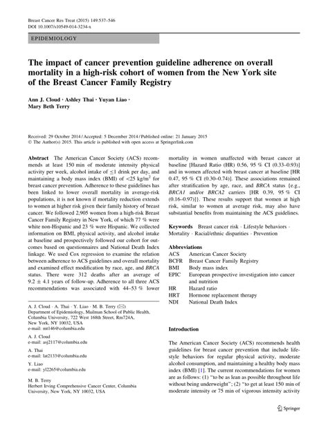 Pdf The Impact Of Cancer Prevention Guideline Adherence On Overall