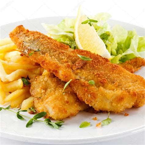 Fish Dish Fried Fish Fillet French Fries With Vegetables Stock