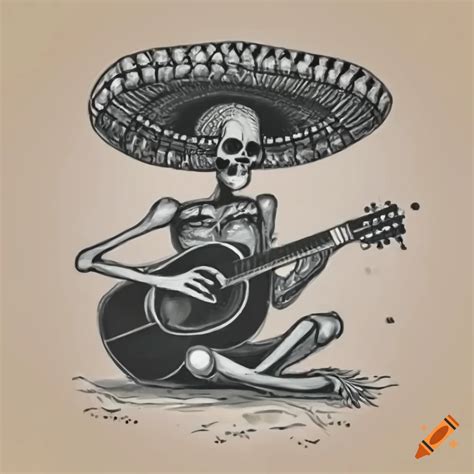 American Traditional Tattoo Style With Skeleton Playing Guitar On Craiyon