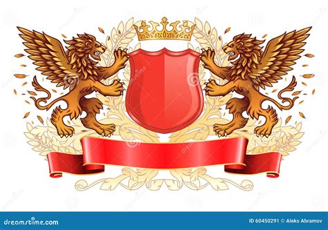 Winged Golden Lions Holding Shield Emblem Stock Vector Illustration