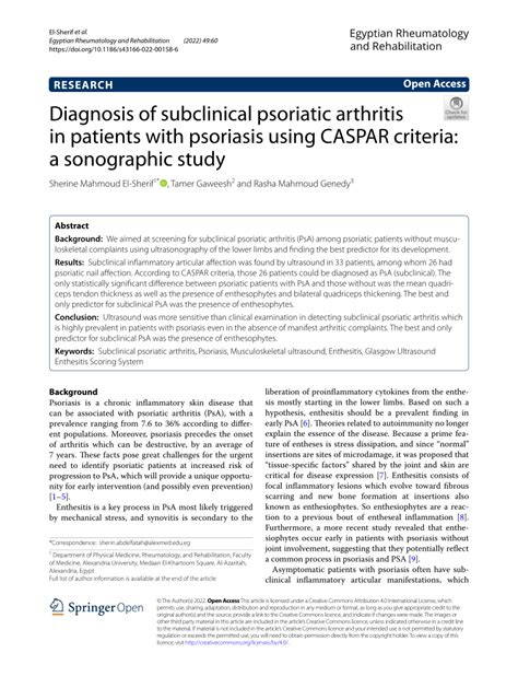 PDF Diagnosis Of Subclinical Psoriatic Arthritis In Patients With