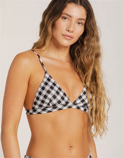 FULL TILT Gingham Textured Fixed Triangle Bikini Top BLK WHT Tillys